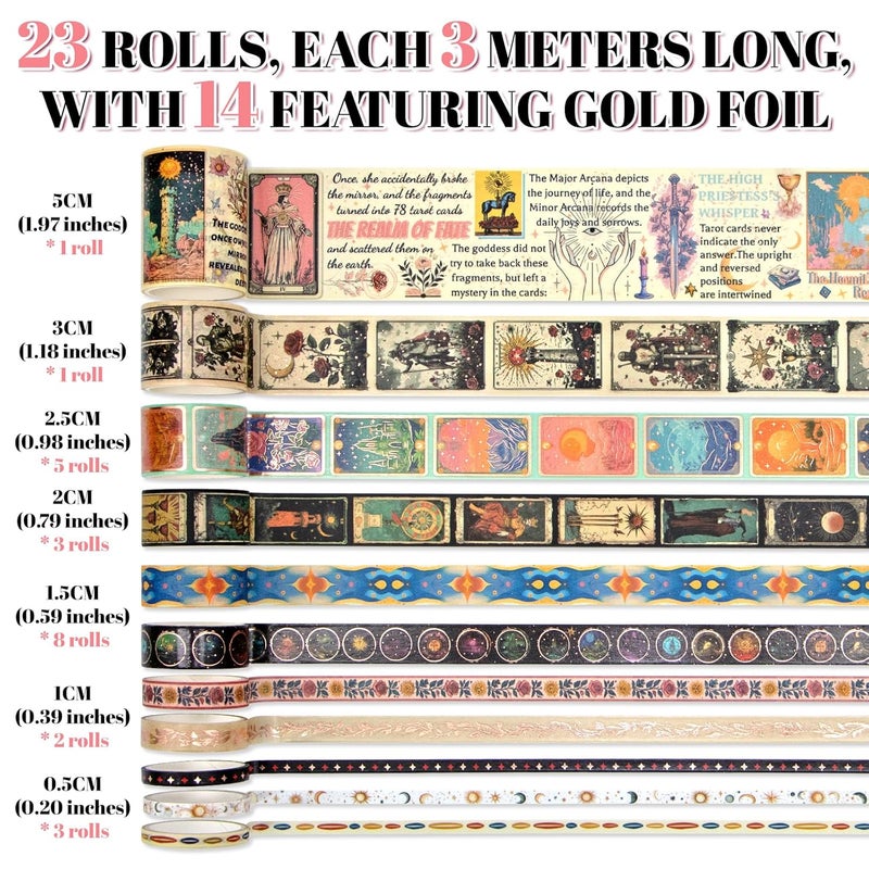 Geesinimo Gold Foil Washi Tape Set – 23 Rolls Tarot Washi Stickers Vintage Decorative Tapes for Journaling Supplies, Scrapbooking, DIY Crafts, Junk Journal, Craft Supplies(Celestial Symbols/ Starry/ Magic) - Image 2